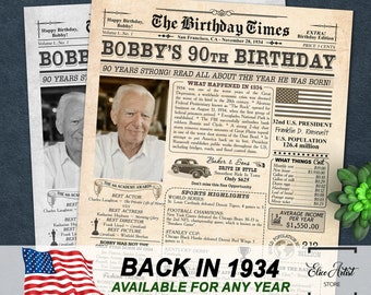 90th Birthday Poster, 90th Anniversary Poster, 1934 Newspaper Poster, 90 Years Ago Sign, Birthday Sign, Anniversary Sign, Printable, Any age