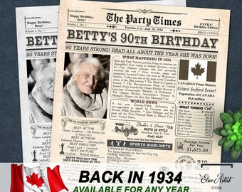 Back in 1934, Personalized 90th birthday gift for men or women, 1934 Newspaper CANADA, Canadian 90th birthday poster, Canadian Facts 1934