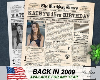 15th birthday gift, 15th Birthday Newspaper Poster Sign PRINTABLE, Teen boy gift or teen girl gift idea, 15 years ago back in 2009, ANY AGE