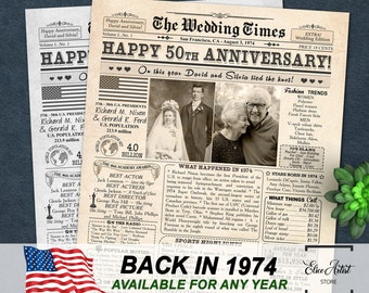 50th Anniversary Gift for Parents, Back in 1974 Newspaper Poster Sign PRINTABLE, 50th Wedding Anniversary Gift for husband and wife