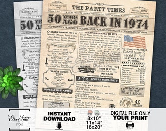 Back In 1974 PRINTABLE Newspaper Poster, 1974 DIGITAL Birthday Sign, Birthday Gift Idea, Year You Were Born, 50 years ago back in 1974 print