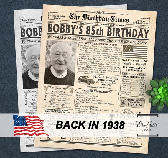 85th Birthday Newspaper Poster Sign Back in 1938 85th - Etsy