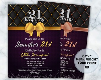 Rose Gold 21st Birthday Invitation with Gold Bow (Digital JPG)