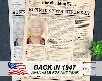 1947 birthday poster, 79th birthday gift for men or women, 79th Birthday Newspaper Poster Sign, back in 1947, 79th birthday ideas, ANY AGE