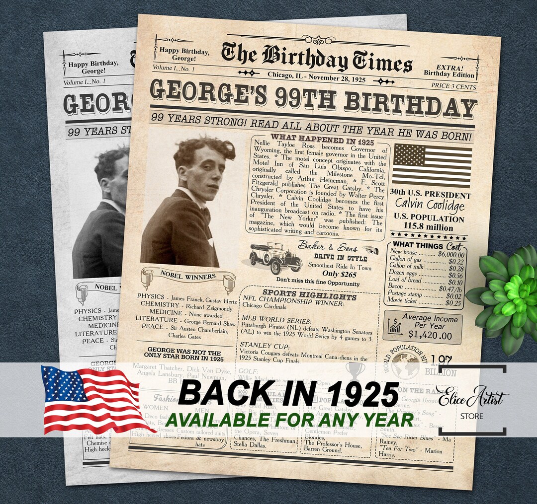 Back in 1925 Sign, 99th Birthday Gift Idea, Gift for Great Grandma or ...