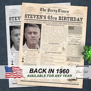 65th Birthday Newspaper Poster Sign, Back in 1960, 65th birthday gift for men or women, Personalized 1960 birthday party sign PRINTABLE
