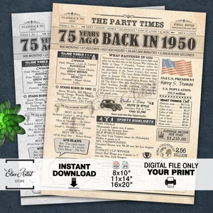 Cartel de 1950, cartel de periódico del 75.° cumpleaños, hace 75 años en 1950, decoraciones del 75.° cumpleaños, cartel de cumpleaños de 1950 DESCARGA INSTANTÁNEA