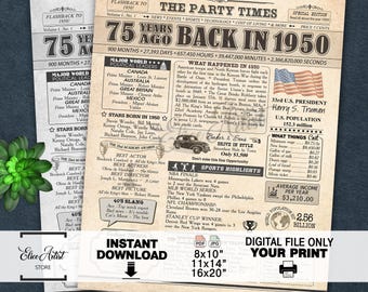 1950 poster, 75th birthday newspaper sign, 75 years ago back in 1950, 75th birthday decorations, 1950 birthday poster INSTANT DOWNLOAD
