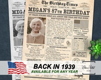1939 birthday poster, 87th birthday gift for men or women, 87th Birthday Newspaper Poster Sign, back in 1939, 87th birthday ideas, ANY AGE