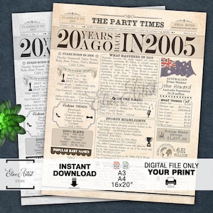 Afiche de periódico por el 20.° cumpleaños, noticias australianas, regalo por el 20.° cumpleaños, póster de cumpleaños nacido en 2005, en 2005 AU, noticias de cumpleaños en Australia