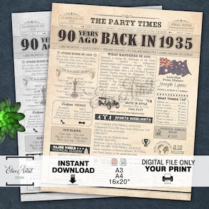 1935 birthday poster, 1935 AUSTRALIA, 90th birthday newspaper print Australian, 90 years ago back in 1935 print Aussie, INSTANT DOWNLOAD