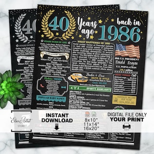 40th birthday, What happened in 1986, Personalized 40th Birthday Poster, 1986 Events, 1986 Year in Review, 40th Birthday Party Gold, Digital image 1