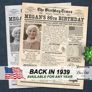 1939 birthday poster, 86th birthday gift for men or women, 86th Birthday Newspaper Poster Sign, back in 1939, 86th birthday ideas, ANY AGE