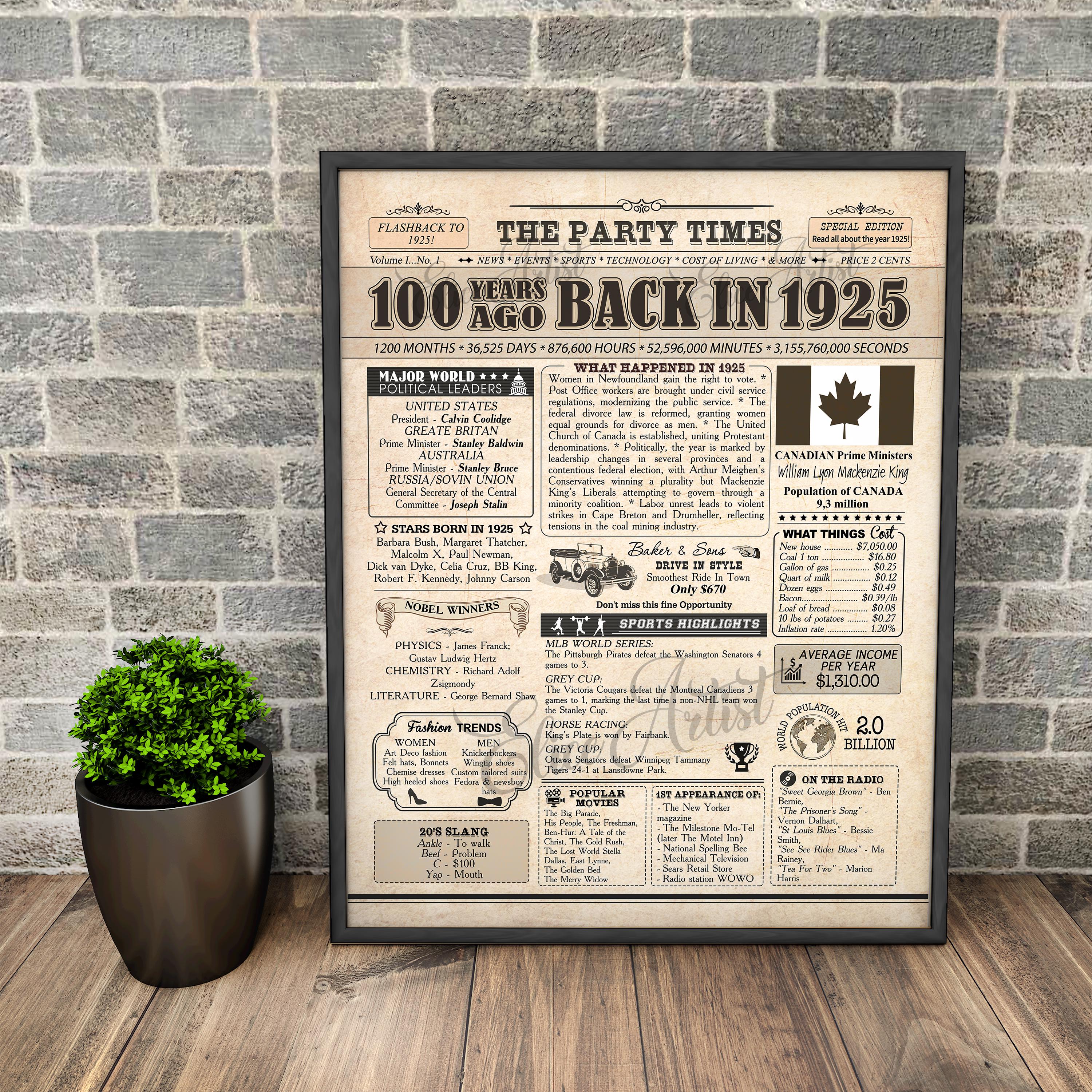 1925 Newspaper 100th Birthday Poster, Canadian News (digital Printable ...