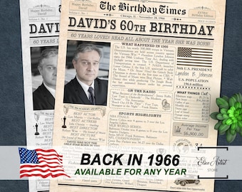 60th Birthday Newspaper Poster Sign, Back in 1966, 60th birthday gift for men or women, Personalized 1966 birthday party sign PRINTABLE