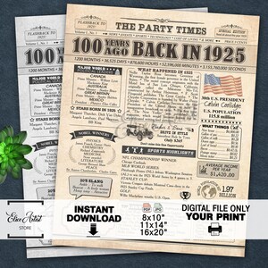 100th Birthday Party Decoration Poster, Back in 1925, 100th Birthday Newspaper PRINTABLE, 100th birthday gift for women men INSTANT DOWNLOAD