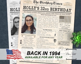 32nd Birthday gift for her or him, 1994 Poster, 32nd Birthday Personalized Gift, Custom Newspaper, 32nd Birthday Gift, Printable Poster Gift