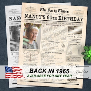 Enseigne de journal pour 60e anniversaire, affiche imprimable de retour en 1965, idées cadeaux d'anniversaire pour homme ou femme, décorations de fête pour 60e anniversaire