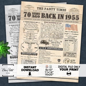 Geburtstagsposter 1955, Zeitungsdruck 70 Jahre alt, vor 70 Jahren im Jahr 1955, Born in 1955, Zeitung, 70er Jahre Zeitung, Printable, INSTANT DOWNLOAD