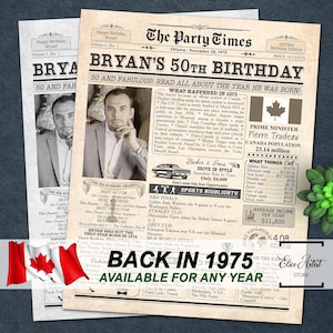 50th Birthday Poster with Photo Canadian Newspaper, Printable 50th Birthday Sign, 50 Year Ago In 1975 Canada, 50th Birthday Gift, Adult sign