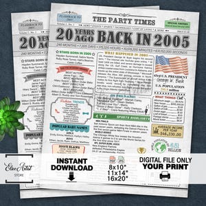 20th Birthday gift, 2005 Poster US version, Printable 20th birthday party decoration, Back in 2005, 2005 newspaper, Gollege roommate gift