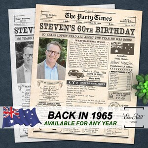 60th Birthday poster in Australia, 60th Birthday Gift For Men Or Women, Printable 60th Birthday Decoration, Back In 1965 Newspaper Poster