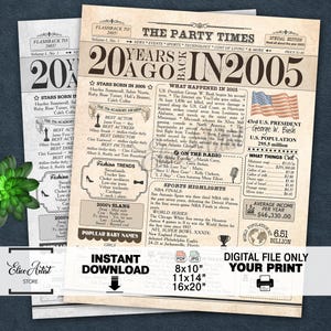 Cartaz de 2005, placa de jornal de 20º aniversário nos EUA, 20 anos atrás em 2005, decorações de 20º aniversário, pôster de aniversário de 2005 DOWNLOAD INSTANTÂNEO