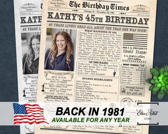 Back in 1981, 45th Birthday Newspaper Poster Sign, 1981 Year You Were Born, 45 Birthday Gift for Men or Women, 1981 Personalized Party Sign