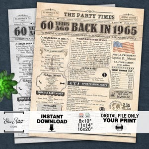 1965 poster, 60th birthday newspaper sign, 60 years ago back in 1965, 60th birthday decorations, 1965 birthday poster INSTANT DOWNLOAD