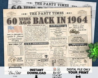 Dinner Placemat Birthday Newspaper, Fun Facts 1964, 60th Birthday Placemat, 60 Years Ago Back in 1964, Newspaper Landscape, 1963 Placemat