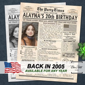 Cadeau 20e anniversaire pour fils ou fille, décoration de fête d'anniversaire imprimable, affiche 2005, affiche 20e anniversaire, retour en 2005, tout âge