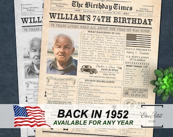 74th Birthday Newspaper Poster Sign, Back in 1952, 74th birthday gift for men or women, Personalized 1952 birthday party sign PRINTABLE