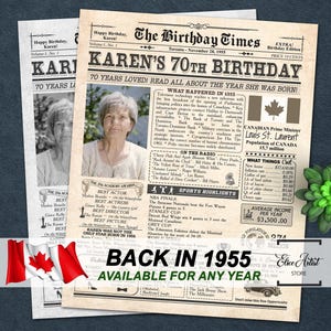 Regalo de 70 cumpleaños, póster de cumpleaños personalizado de periódico canadiense con foto, letrero imprimible de 70 cumpleaños, hace 70 años en 1955