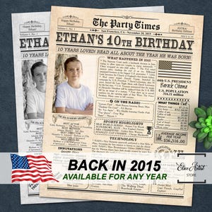 Born in 2015 Party Sign, Personalized Poster For 10th Birthday Party, Newspaper With Fun Facts, Kids Gift For Boys Or Girls, Digital Board