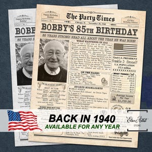 85th Birthday Newspaper Poster Sign, back in 1940, 85th birthday ideas, 1940 birthday poster, 85th birthday gift for men or women, ANY AGE