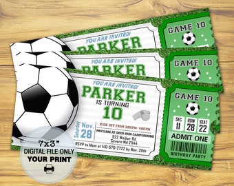 May include: Green and white soccer ticket invitation for a birthday party. The invitation features a soccer ball, a whistle, and the text "You are invited! Parker is turning 10". The ticket also includes the date, time, and location of the party.