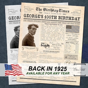 Back in 1925 sign, 100th birthday gift idea, Gift for great grandma/great grandpa, 100th birthday newspaper poster PRINTABLE, 1925 birthday
