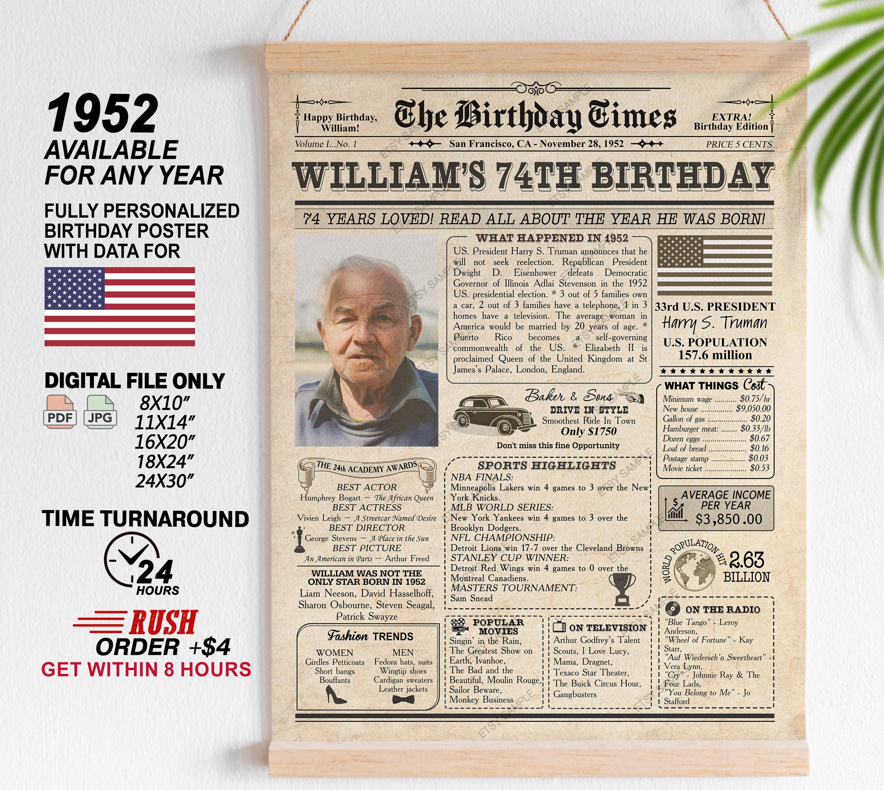 74th Birthday Newspaper Poster Sign, Back in 1952, 74th Birthday Gift ...
