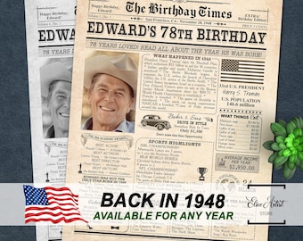 1948 birthday poster, 78th birthday gift for men or women, 78th Birthday Newspaper Poster Sign, back in 1948, 78th birthday ideas, ANY AGE