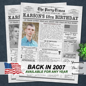 Cartaz de jornal de aniversário de 18 anos, versão dos EUA, 2007, 18 anos atrás, em 2007, versão CA AU, ideia de presente de aniversário de 18 anos, nascido em 2007, digital