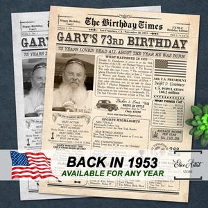 May include: A vintage-style newspaper print celebrating a 73rd birthday, with the headline "The Birthday Times." The design includes a photo of the birthday person, historical facts, and the text "Back in 1953, Available for Any Year."