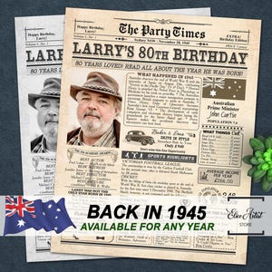 Idea regalo per l'80° compleanno, manifesto del giornale AUSTRALIA 1945, 80 anni fa nel 1945 cartello STAMPABILE, decorazione per la festa dell'80° compleanno