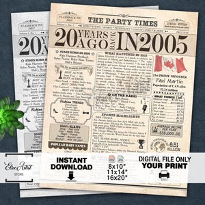 20th Birthday gift, 2005 Poster CA version, Printable 20th birthday party decoration, Back in 2005, 2005 newspaper, INSTANT DOWNLOAD, Gift