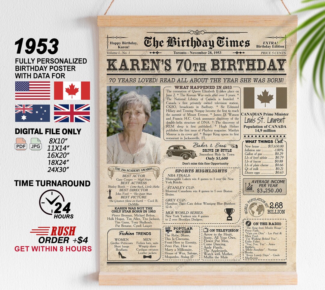 70th Birthday Gift, Canadian Personalized Newspaper Birthday Poster ...