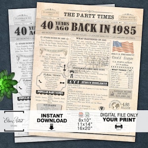 Cartaz de jornal de 40º aniversário de 1985, presente de 40º aniversário para homens ou mulheres, pôster de 40 anos atrás em 1985, decorações de aniversário para impressão