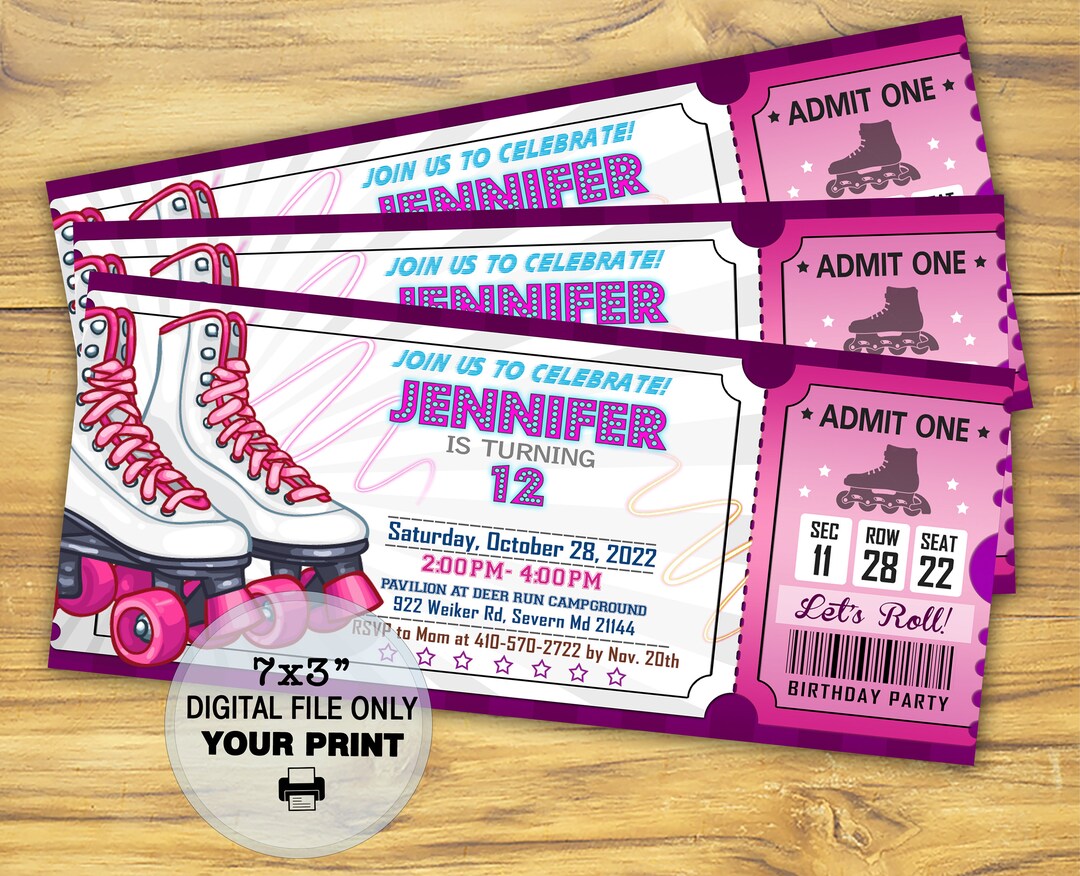 Roller Skating Ticket Invitation, Girl Skate Party, Skating Party, Neon