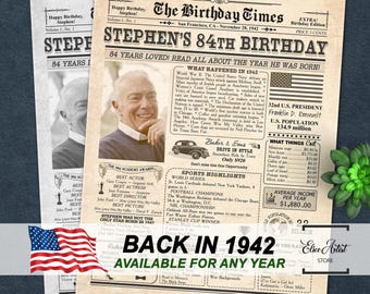 1942 birthday poster, 84th birthday gift for men or women, 84th Birthday Newspaper Poster Sign, back in 1942, 84th birthday ideas, ANY AGE