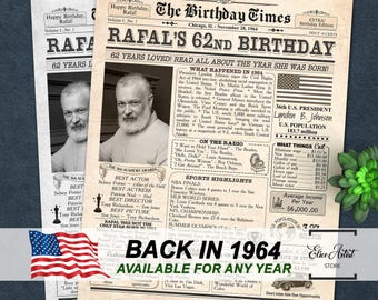 62nd Birthday Newspaper Sign, Back In 1964 Poster Printable, Birthday Gift Ideas for Men or Women, 62nd Birthday Party Decorations