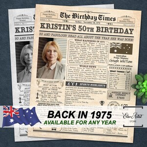 50th birthday gift idea, AUSTRALIA 1975 newspaper poster, 50 years ago back in 1975 sign PRINTABLE, 50th birthday party decoration, Digital