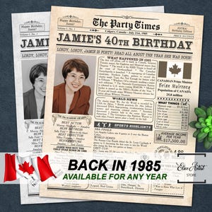 Happy 40th Birthday Gift for Men and Women, Personalized Party Poster, Back In 1985 Printable Decorations, The Year You Were Born in Canada